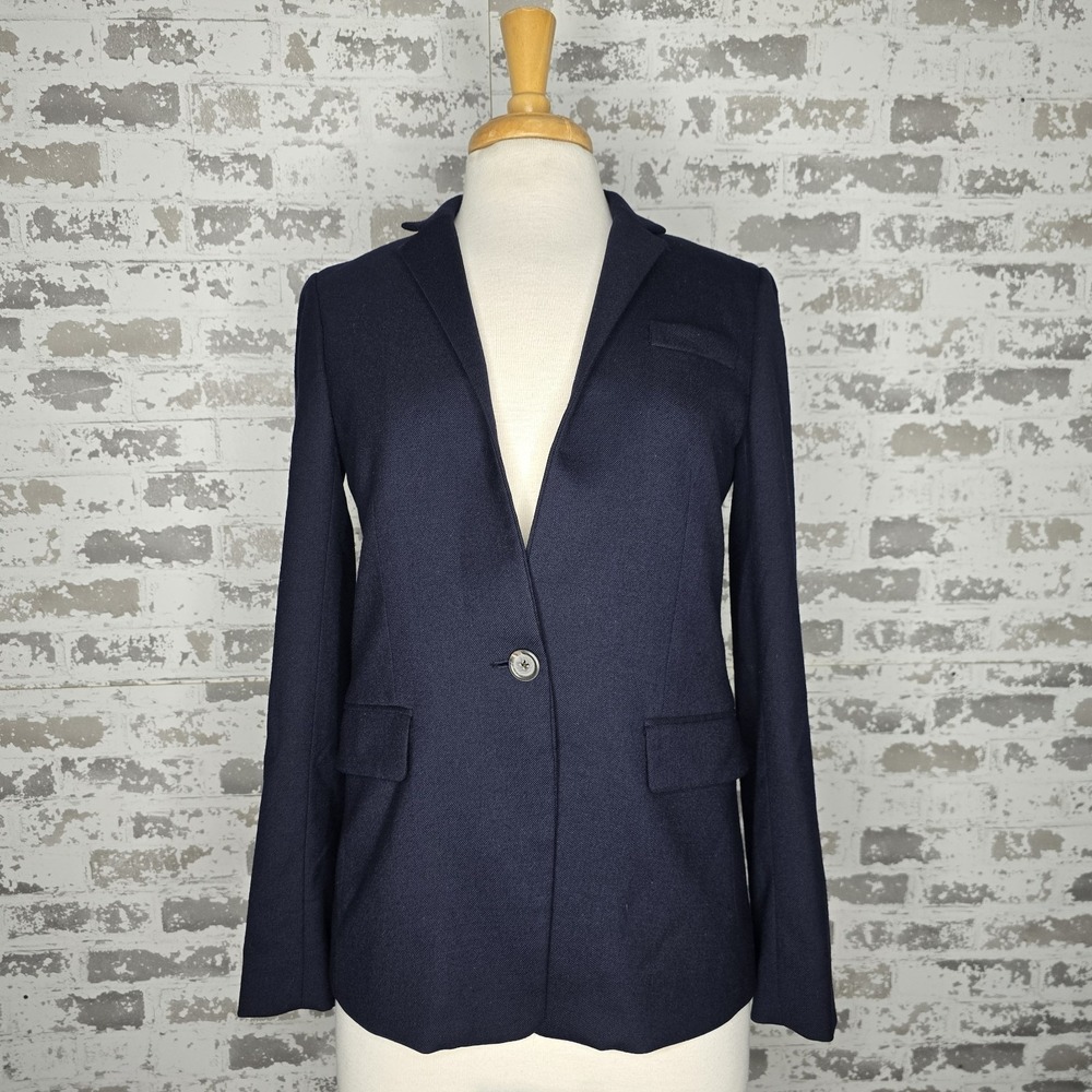 J Crew Blazer Womens 4 Navy Blue Regent Wool Flannel Surgeon Cuffs Popped Collar